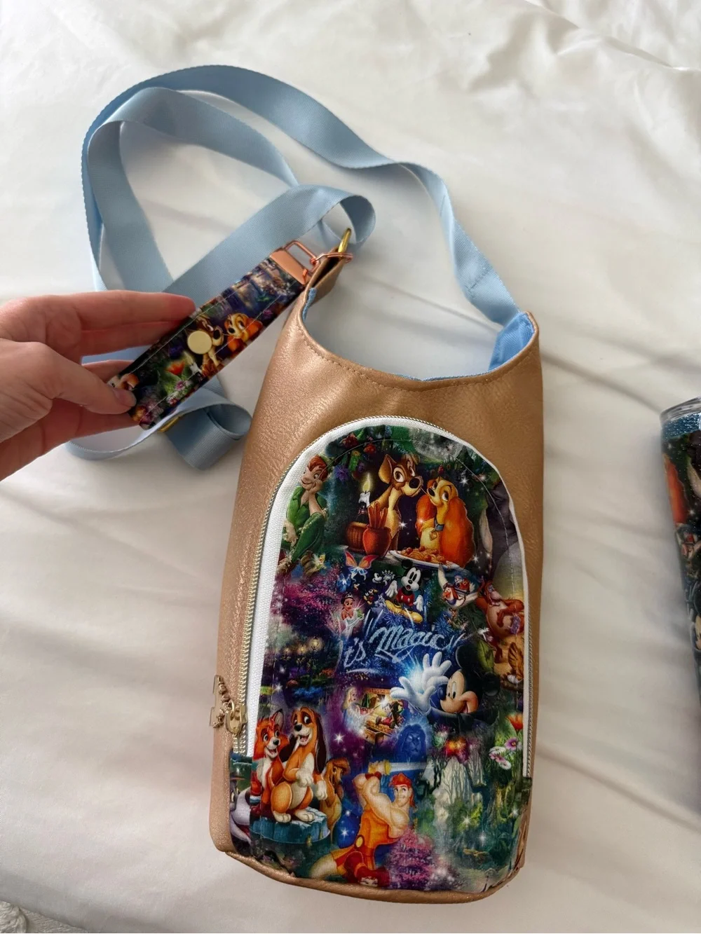 Disney Rose Gold Crossbody Water Bottle Bag with Blue Strap & Matching Ears